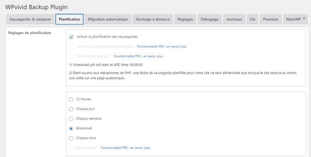 Onglet de planification des sauvegardes automatiques avec WPVivid
