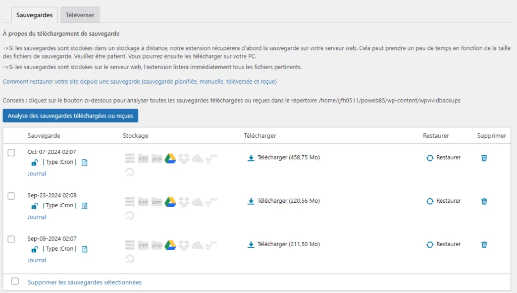 Tableau de gestion des sauvegardes WPVivid avec restauration du site possible