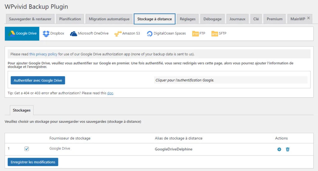 Ecran de configuration du stockage distant de vos sauvegardes WPVivid