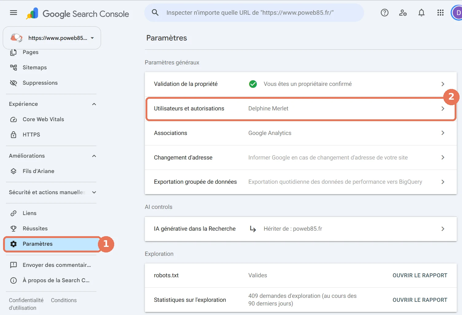 Search Console : Paramètres, puis Utilisateurs et autorisations