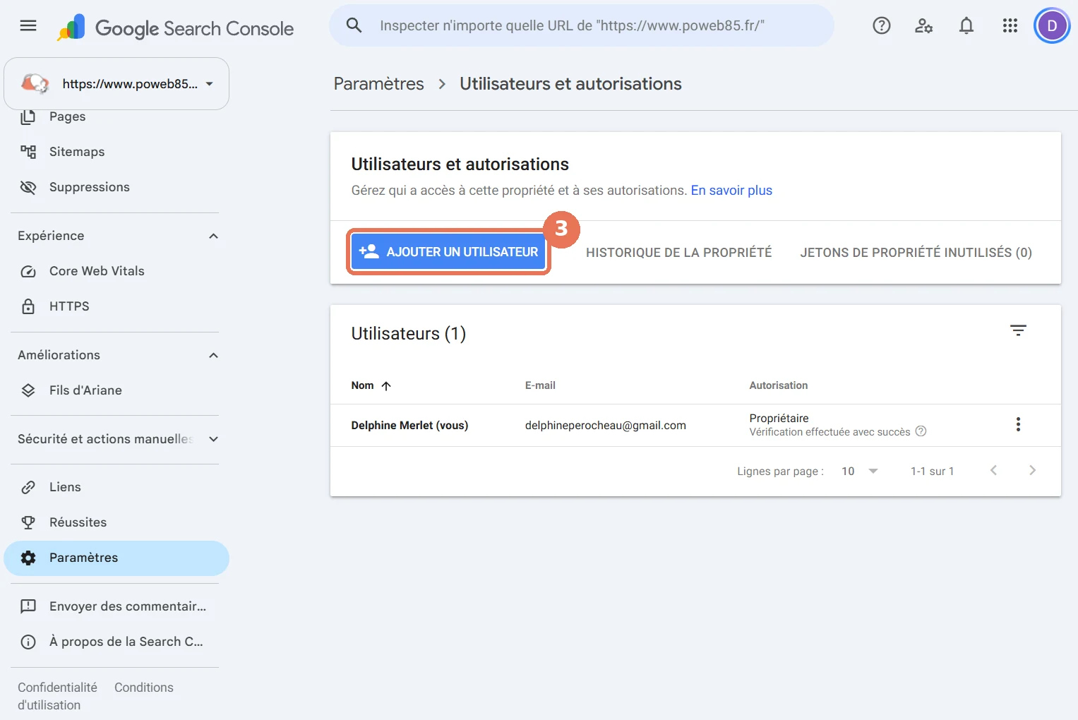 Search Console : bouton Ajouter un utilisateur