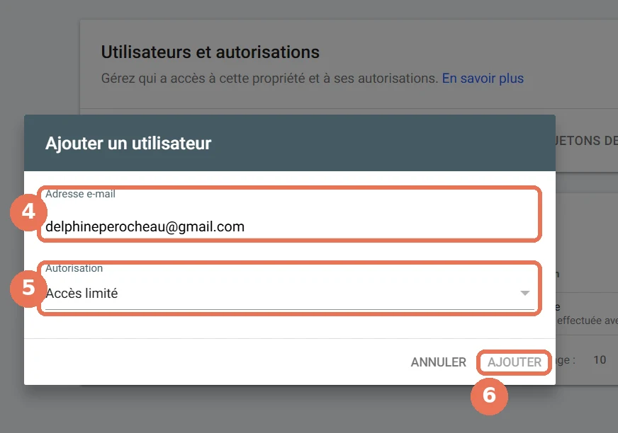Search Console : adresse e-mail et autorisation Accès limité